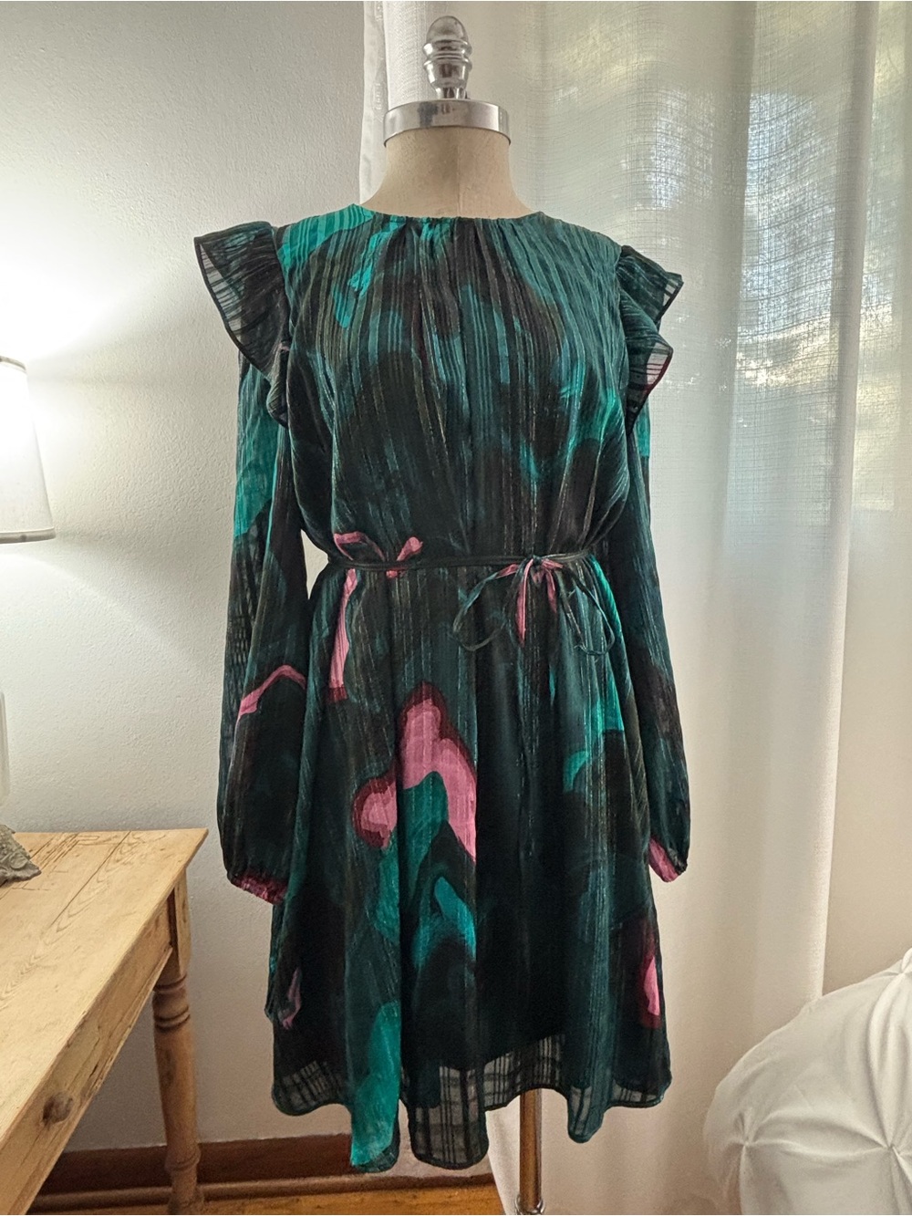 Nine West Teal and Pink Long Sleeve, Lightweight, Lined Tie-Waist Dress, L, VGUC